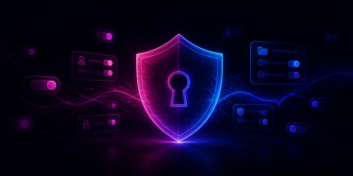A glowing shield with a keyhole surrounded by permission toggles