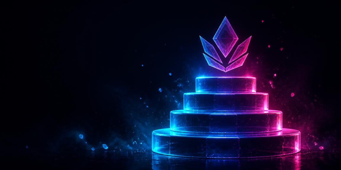 Neon glass tiers rising like a podium in cyan and magenta light